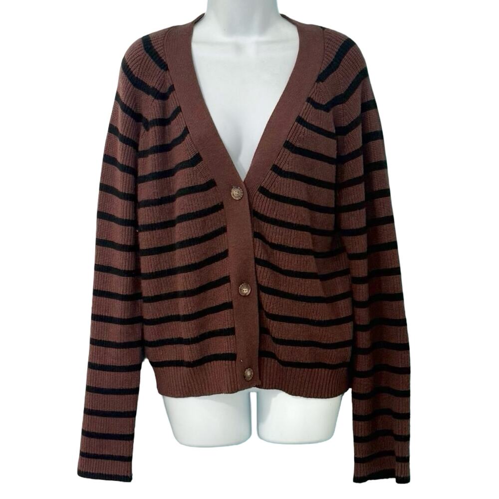 Bobeau Chocolate Brown Black Striped V-Neck Heavy Knit Cardigan Sweater size L